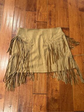 Fringed Faux Suede Mini Skirt in Tan